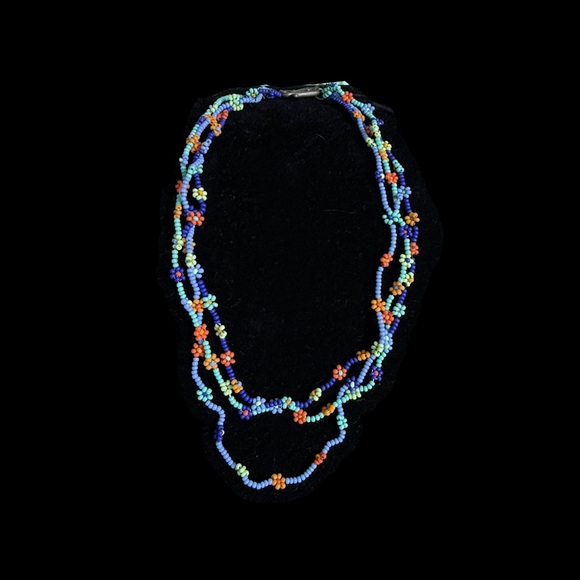 Handmade Triple Flowers Beaded Necklace Colorful - Picture 1 of 2